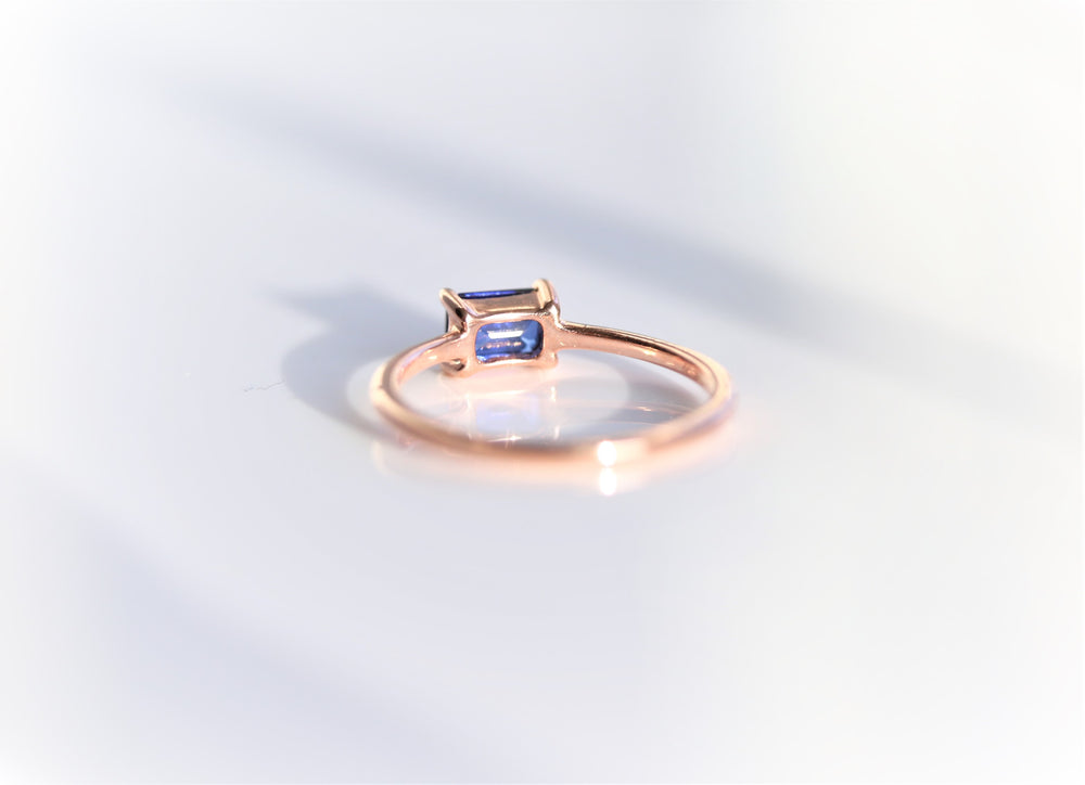 EVA | 14K 0.4 ct. Emerald Cut Lab Created Blue East West Solitaire Ring - Emi Conner Jewelry 