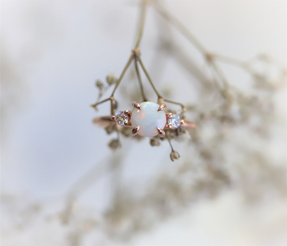 EVA | 14K Side Stone Round Australian Opal & Diamond Ring - Emi Conner Jewelry 