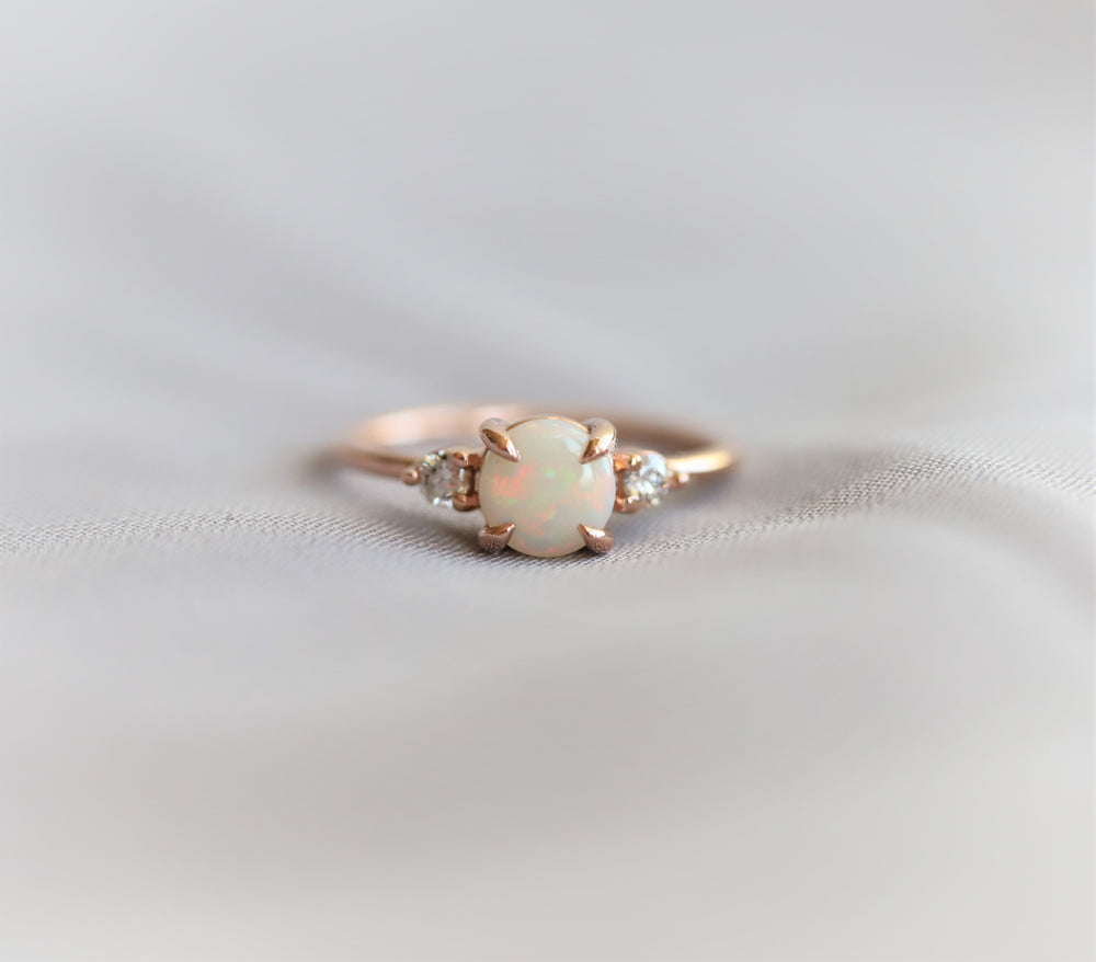 EVA | 14K Side Stone Round Australian Opal & Diamond Ring - Emi Conner Jewelry 