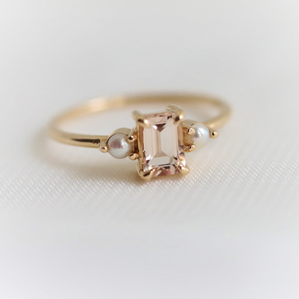 EVA | 14K Emerald Cut Peach Morganite and Pearl Side Stone Ring - Emi Conner Jewelry 