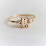 EVA | 14K Emerald Cut Peach Morganite and Pearl Side Stone Ring - Emi Conner Jewelry 