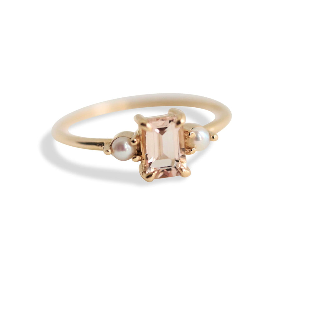 EVA | 14K Emerald Cut Peach Morganite and Pearl Side Stone Ring