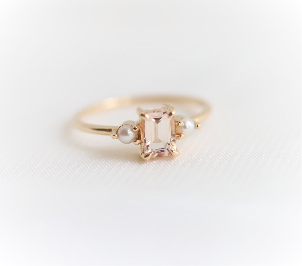 EVA | 14K Emerald Cut Peach Morganite and Pearl Side Stone Ring - Emi Conner Jewelry 