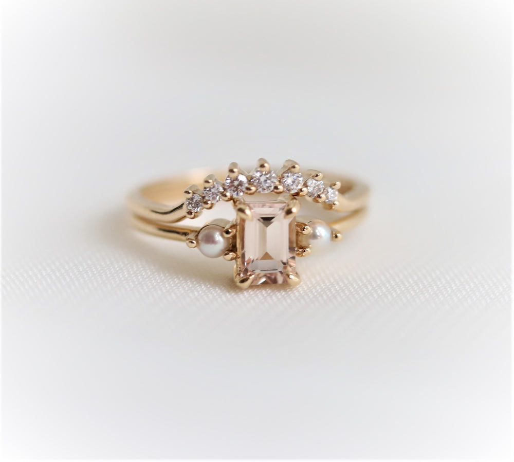 EVA | 14K Emerald Cut Peach Morganite and Pearl Side Stone Ring - Emi Conner Jewelry 