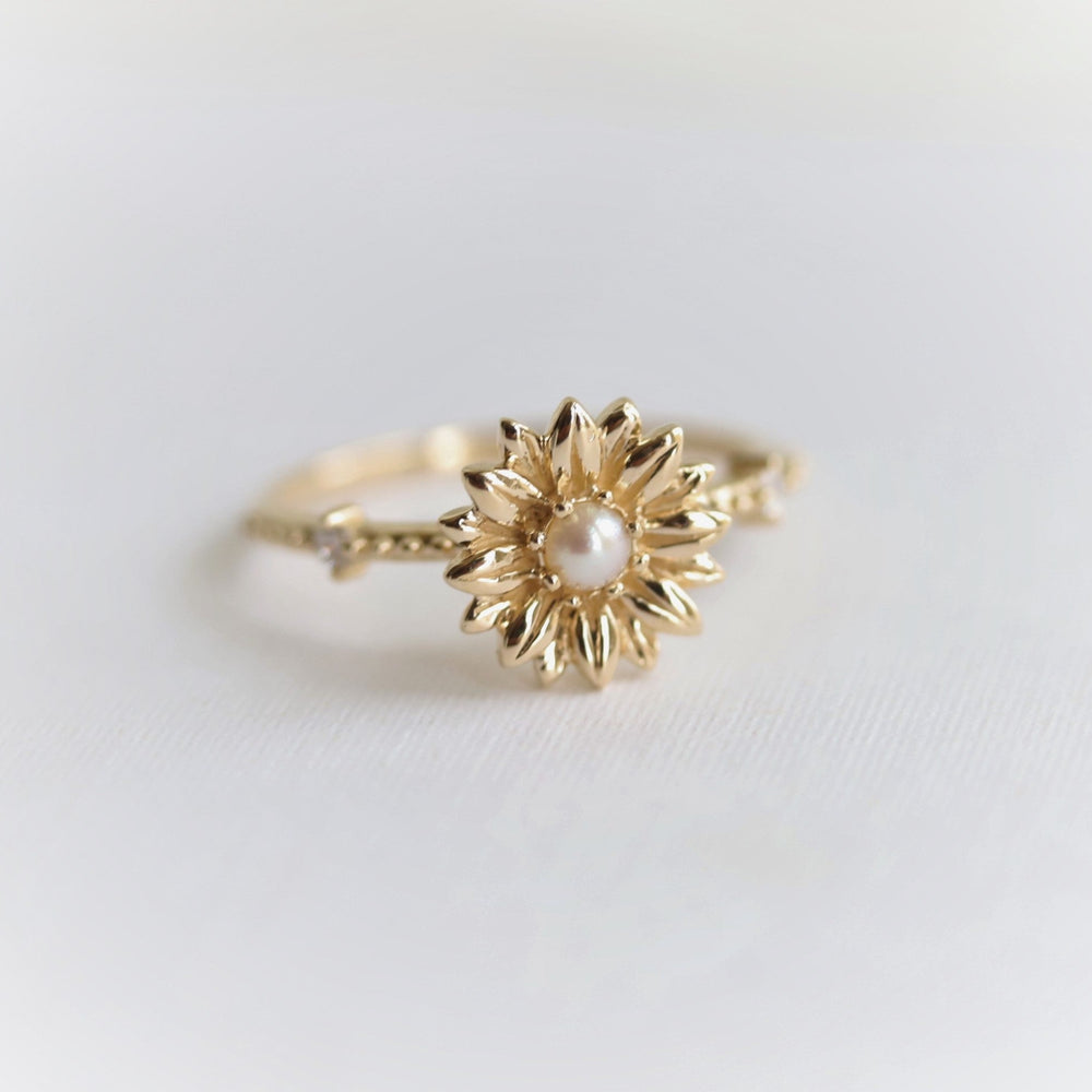 Sunflower | 14K Sunflower Pearl Stacking Ring