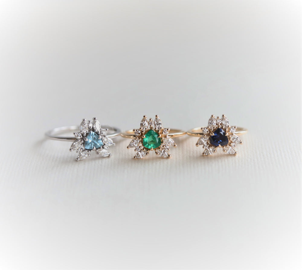 Layla | 14K Trillion Natural Zambian Emerald & Diamond Petite Cocktail Ring - Emi Conner Jewelry 