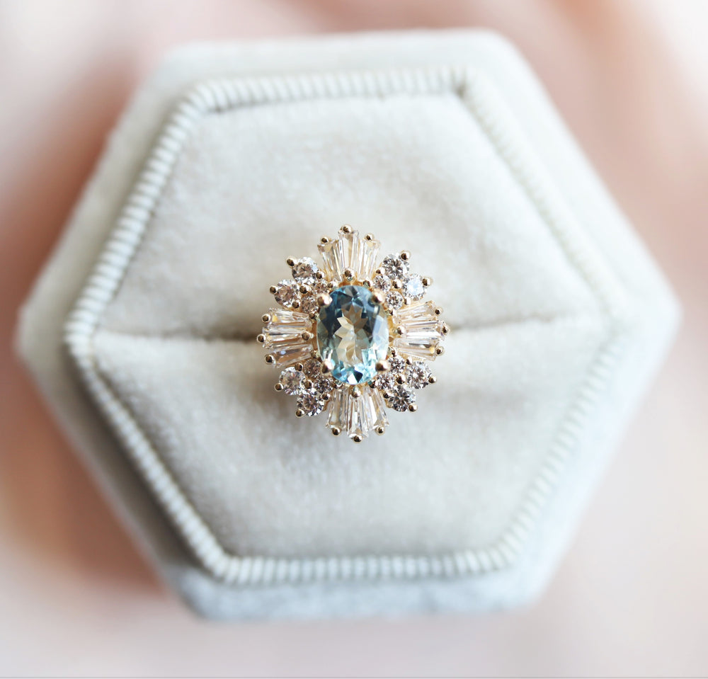 Victoria | 14K Aquamarine & CZ Fancy Halo Ring - Emi Conner Jewelry 