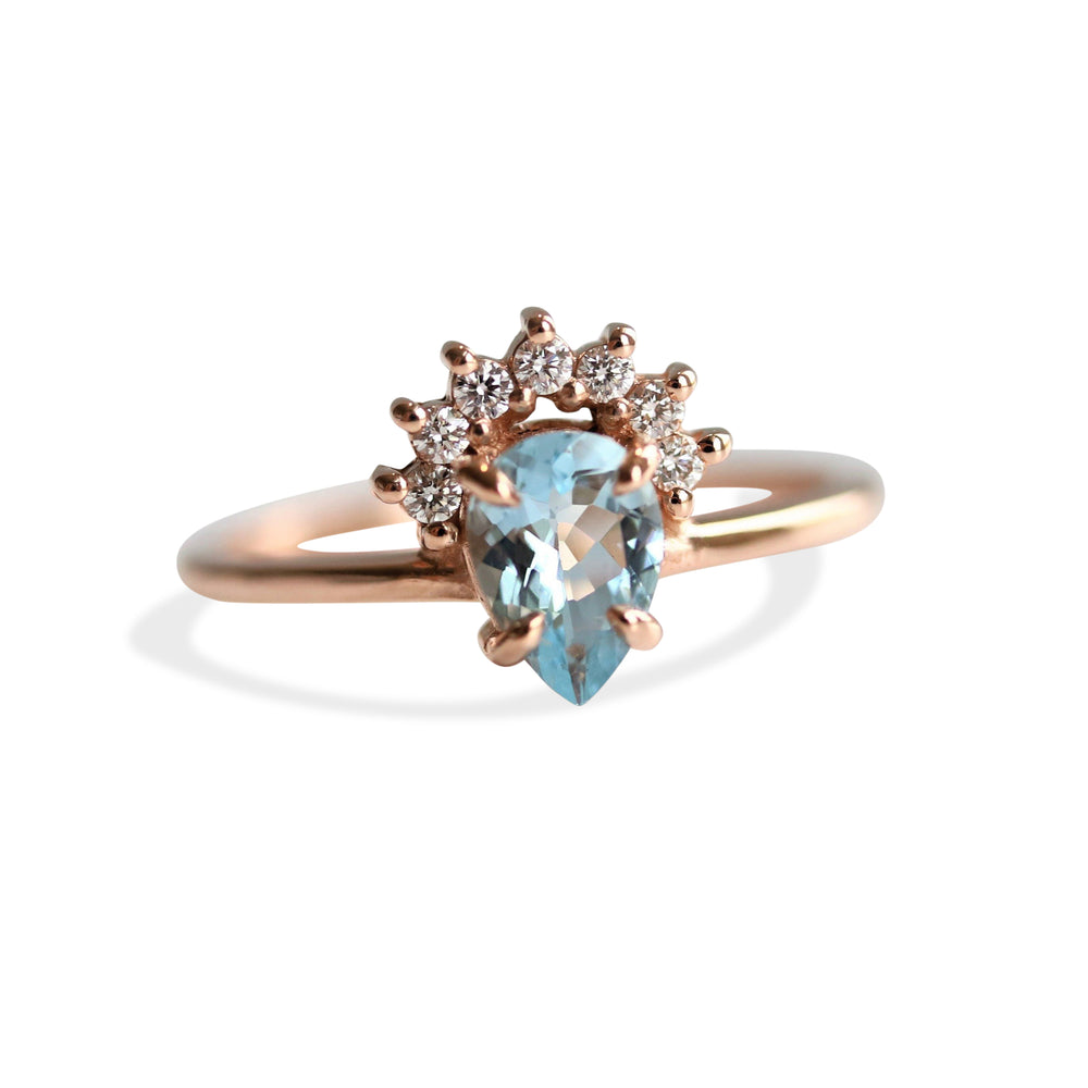 Lily | 14K Pear Aquamarine & Diamond Crown Promise Ring - Emi Conner Jewelry 