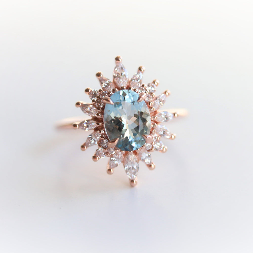 Lana | 14K Oval Aquamarine & Diamond Fancy Halo Luxury Ring - Emi Conner Jewelry 