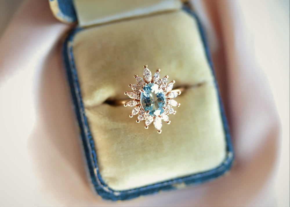 Lana | 14K Oval Aquamarine & Diamond Fancy Halo Luxury Ring - Emi Conner Jewelry 