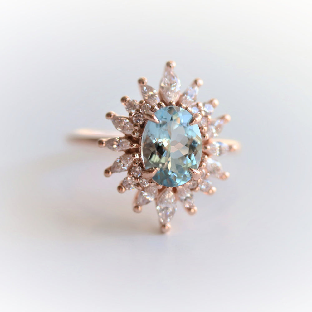 Lana | 14K Oval Aquamarine & Diamond Fancy Halo Luxury Ring - Emi Conner Jewelry 