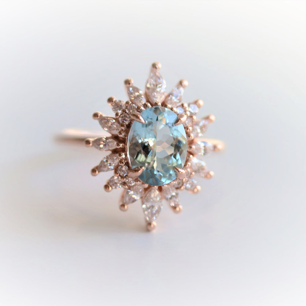Lana | 14K Oval Aquamarine & Diamond Fancy Halo Luxury Ring - Emi Conner Jewelry 