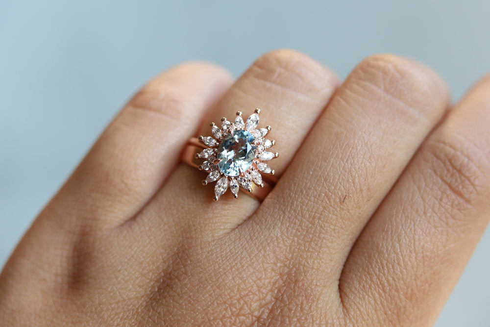 Lana | 14K Oval Aquamarine & Diamond Fancy Halo Luxury Ring - Emi Conner Jewelry 