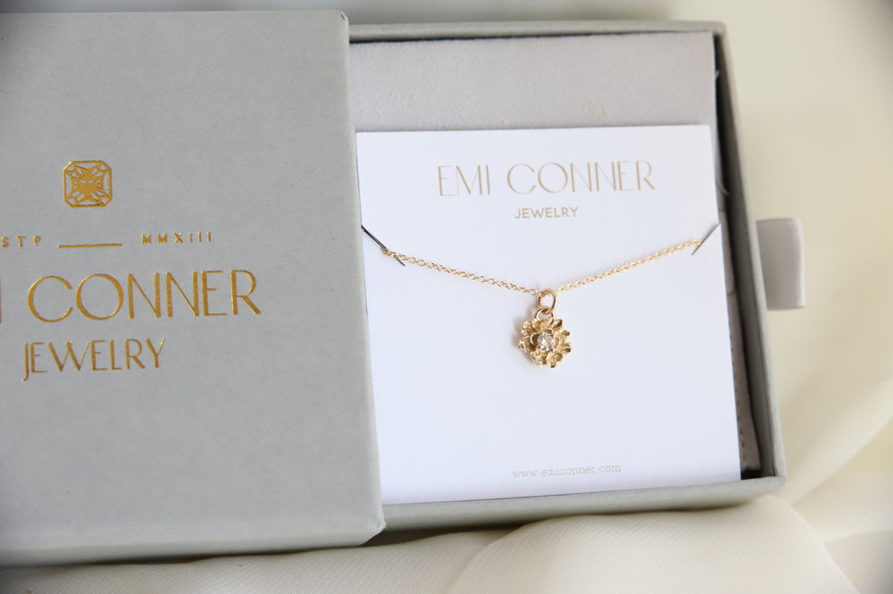 Peony No.2 | 14K Gold White Sapphire & Peony Necklace - Emi Conner Jewelry 