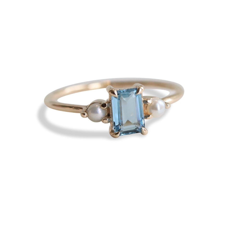 EVA | 14K Emerald Cut Aquamarine and Pearl Side Stone Ring