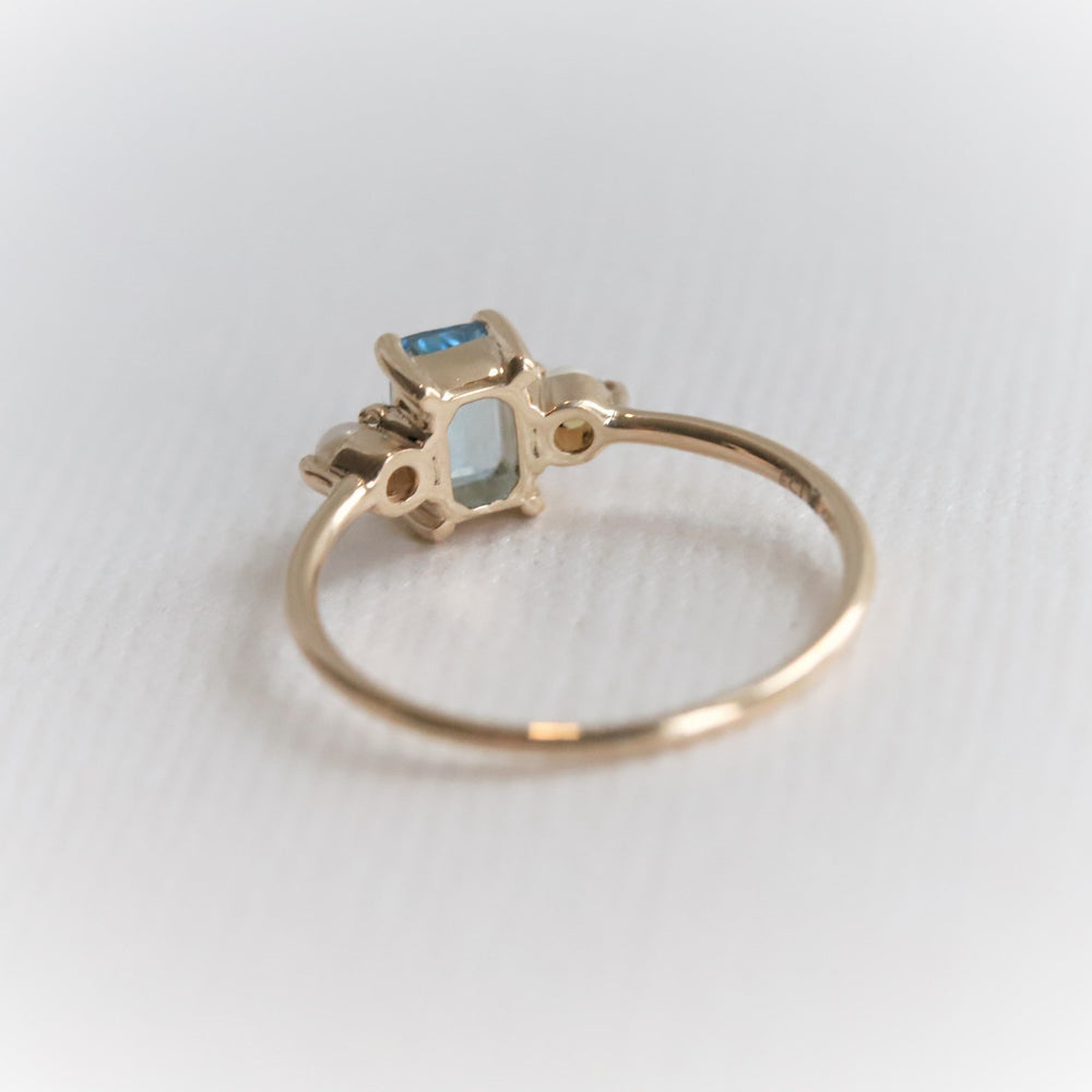 EVA | 14K Emerald Cut Aquamarine and Pearl Side Stone Ring - Emi Conner Jewelry 