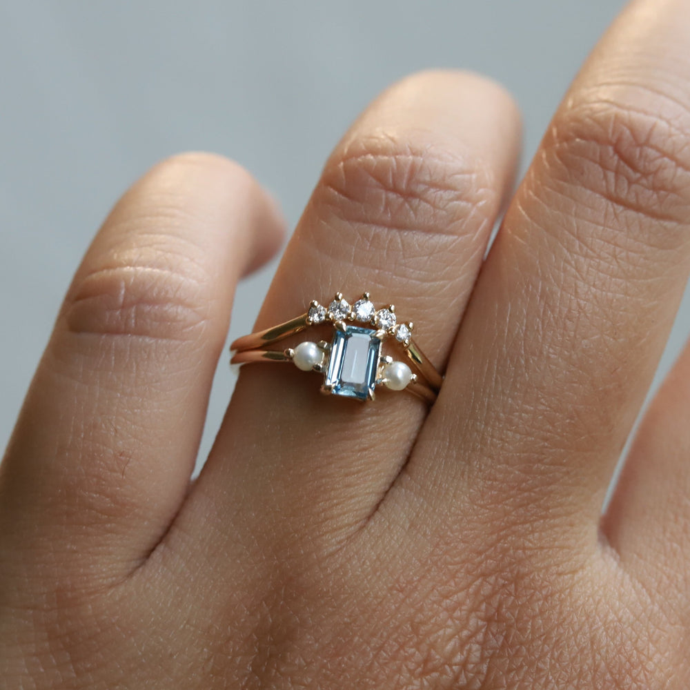 EVA | 14K Emerald Cut Aquamarine and Pearl Side Stone Ring - Emi Conner Jewelry 