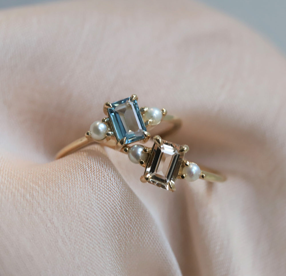 EVA | 14K Emerald Cut Aquamarine and Pearl Side Stone Ring - Emi Conner Jewelry 