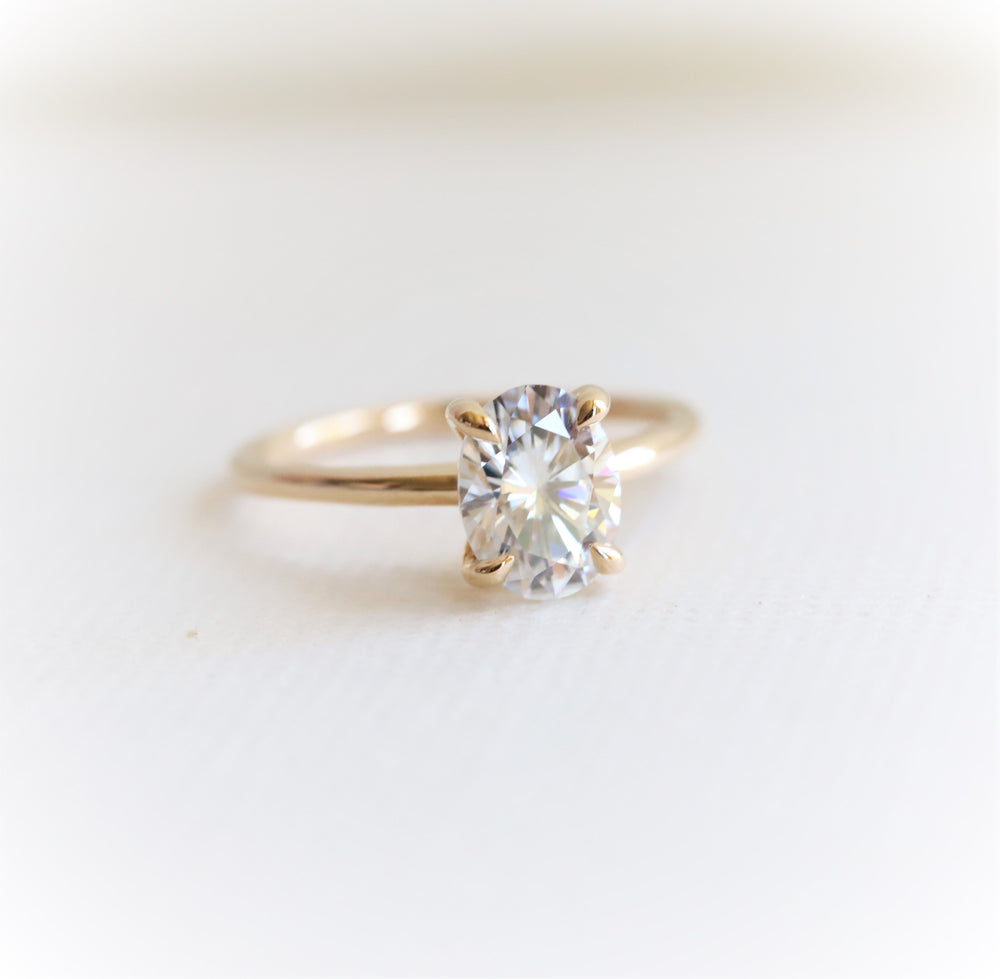 AVA | 8 x 6 mm Oval Moissanite® Dainty Cathedral Solitaire Ring - Emi Conner Jewelry 
