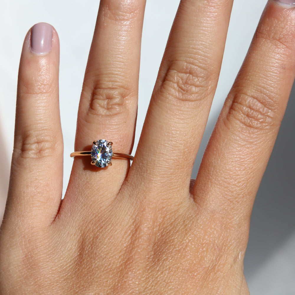 AVA | 8 x 6 mm Oval Moissanite® Dainty Cathedral Solitaire Ring - Emi Conner Jewelry 