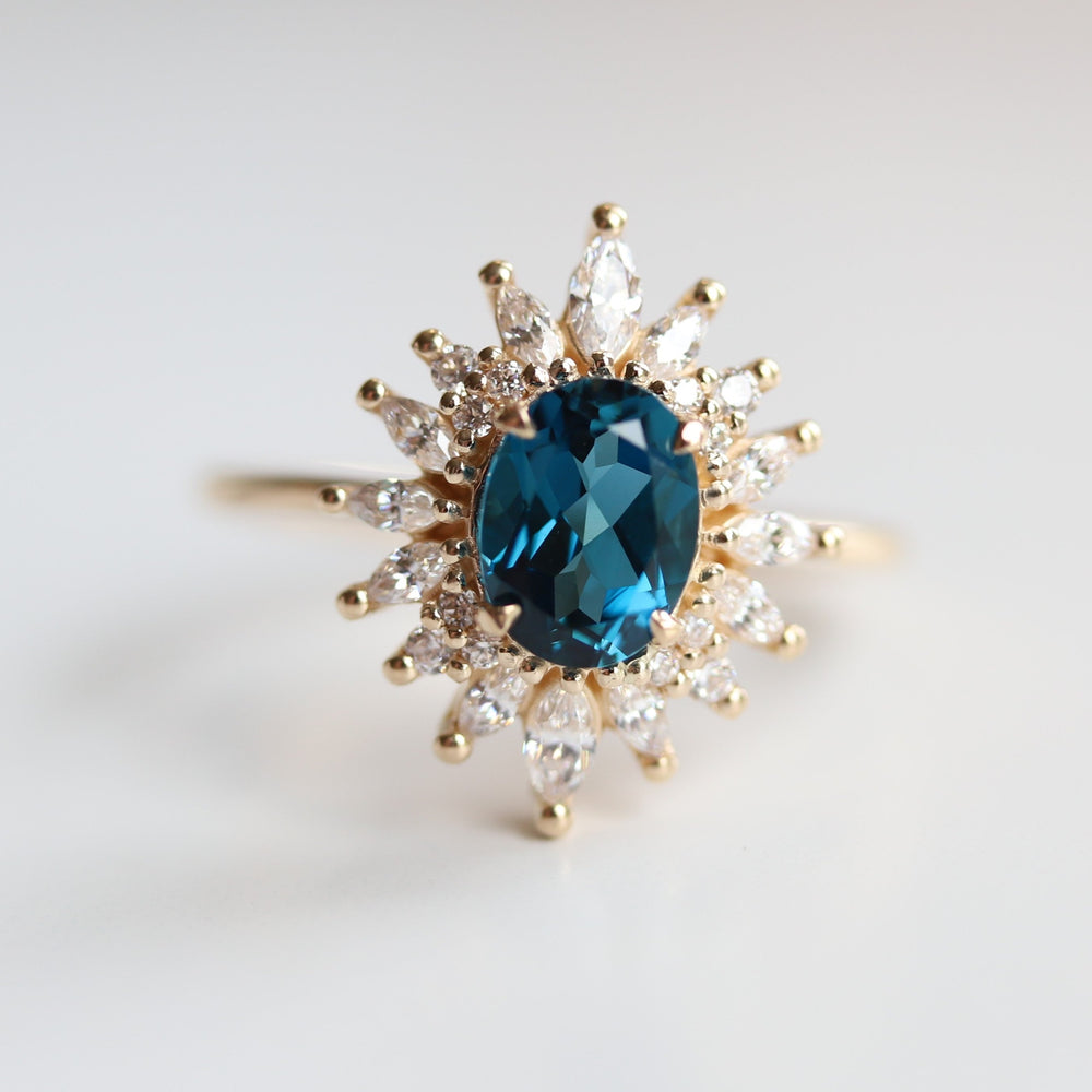 Lana | 14K Oval London Blue Topaz & CZ Fancy Halo Ring - Emi Conner Jewelry 