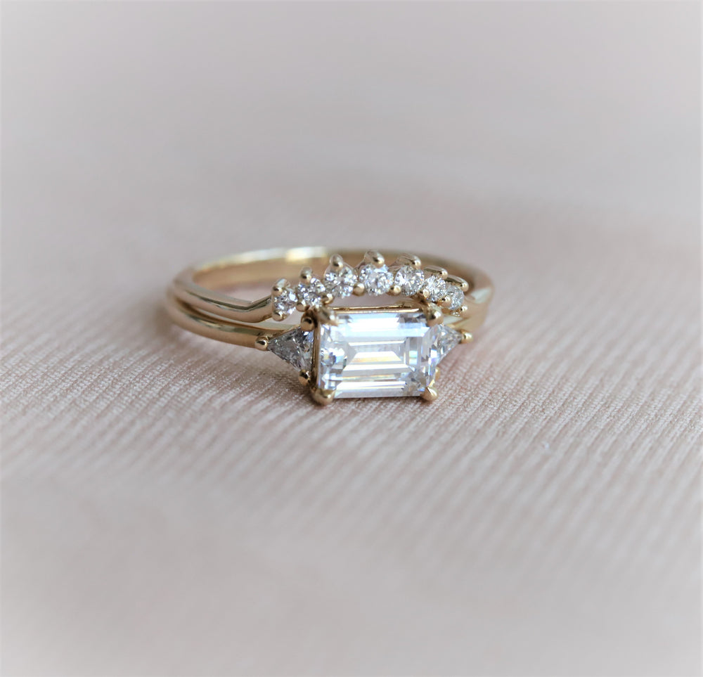 Alexis | 14K Emerald Cut Moissanite & Triangle Moissanite East West Ring - Emi Conner Jewelry 