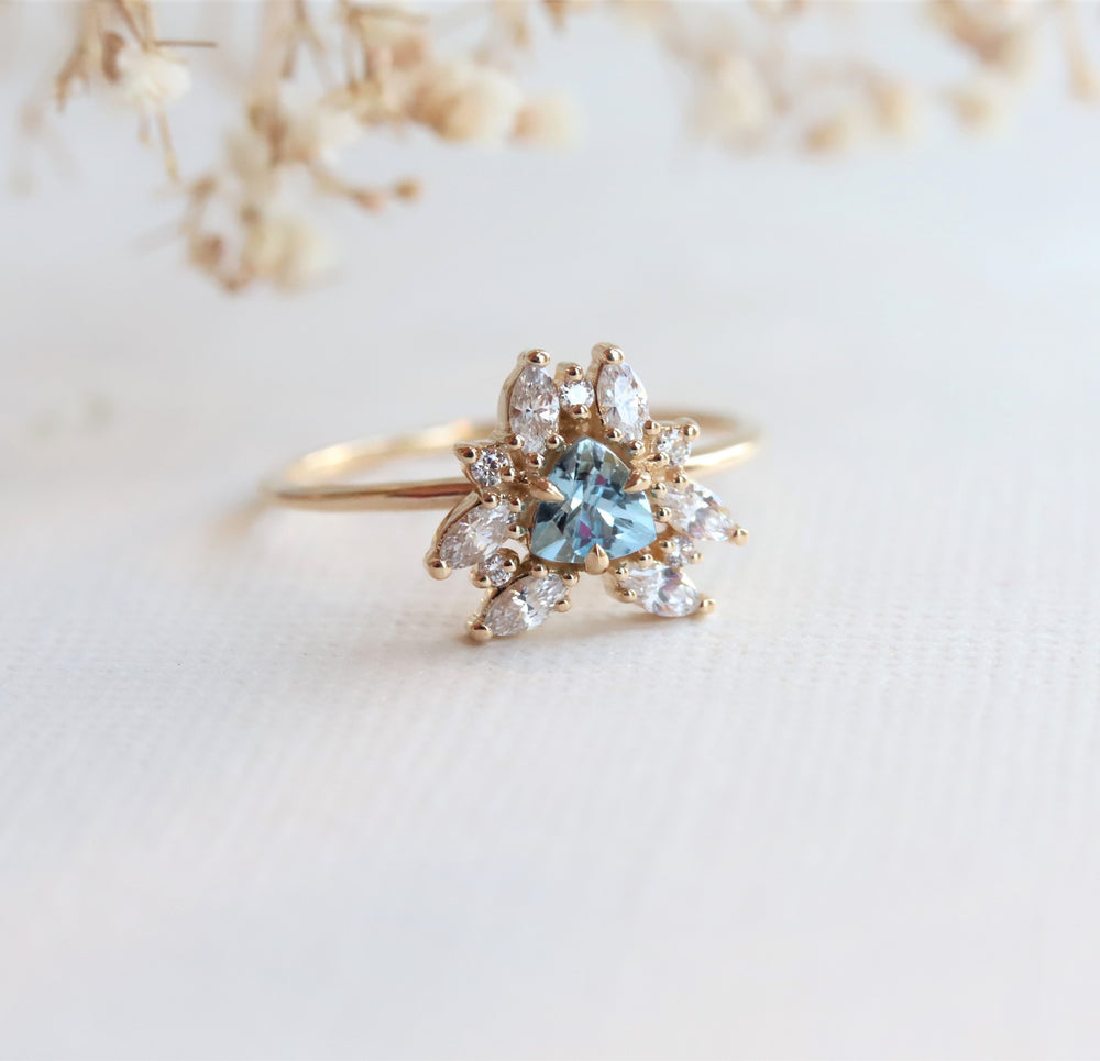 Layla | 14K Trillion Aquamarine & Diamond Petite Cocktail Ring - Emi Conner Jewelry 