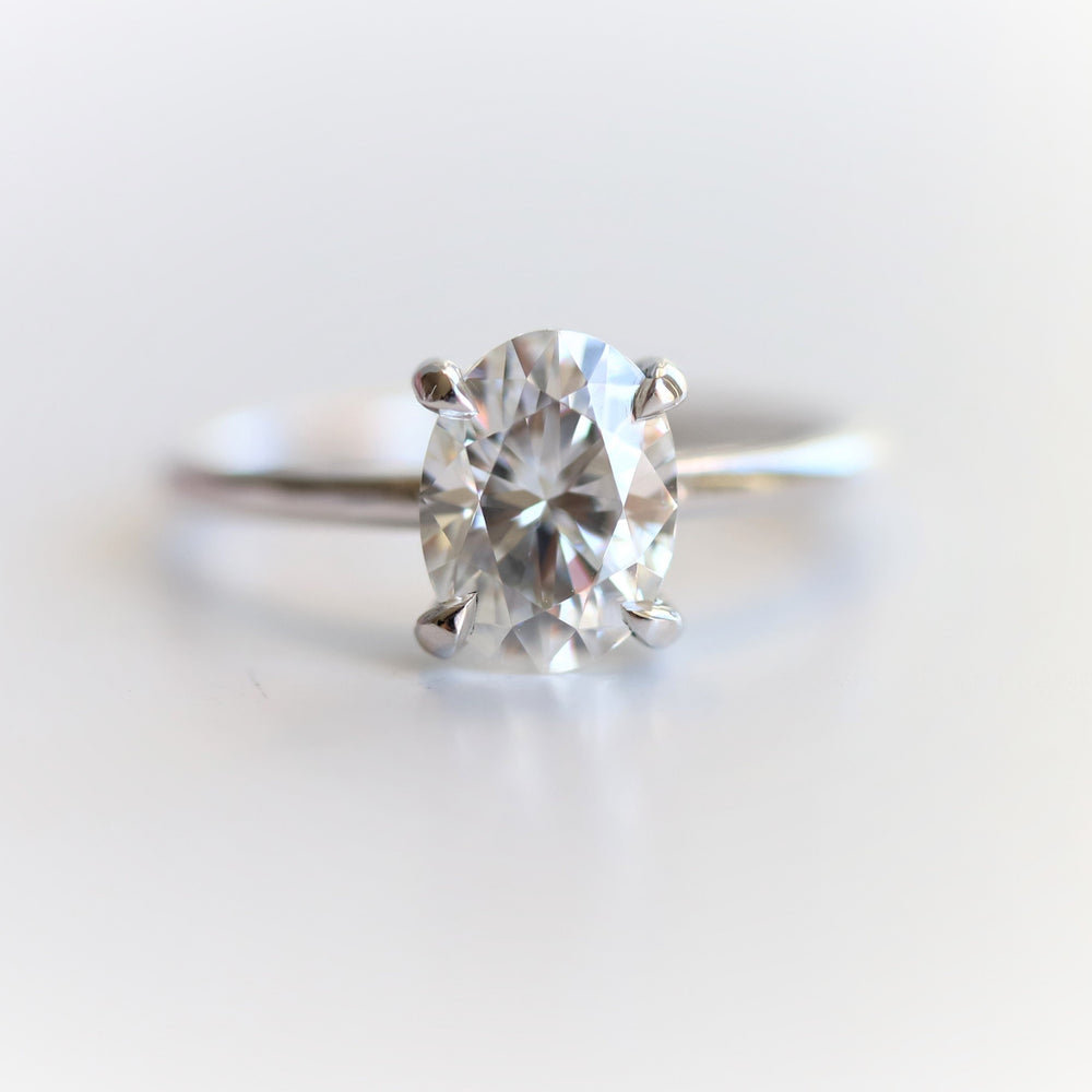 AVA | 8 x 6 mm Oval Moissanite® Dainty Cathedral Solitaire Ring - Emi Conner Jewelry 