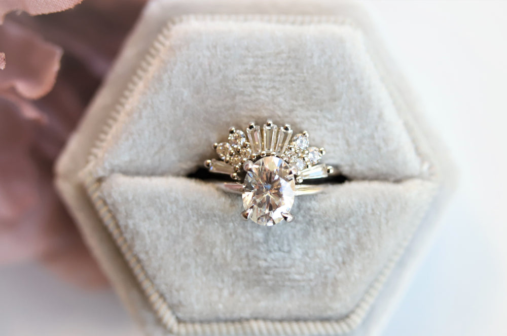 AVA | 8 x 6 mm Oval Moissanite® Dainty Cathedral Solitaire Ring - Emi Conner Jewelry 