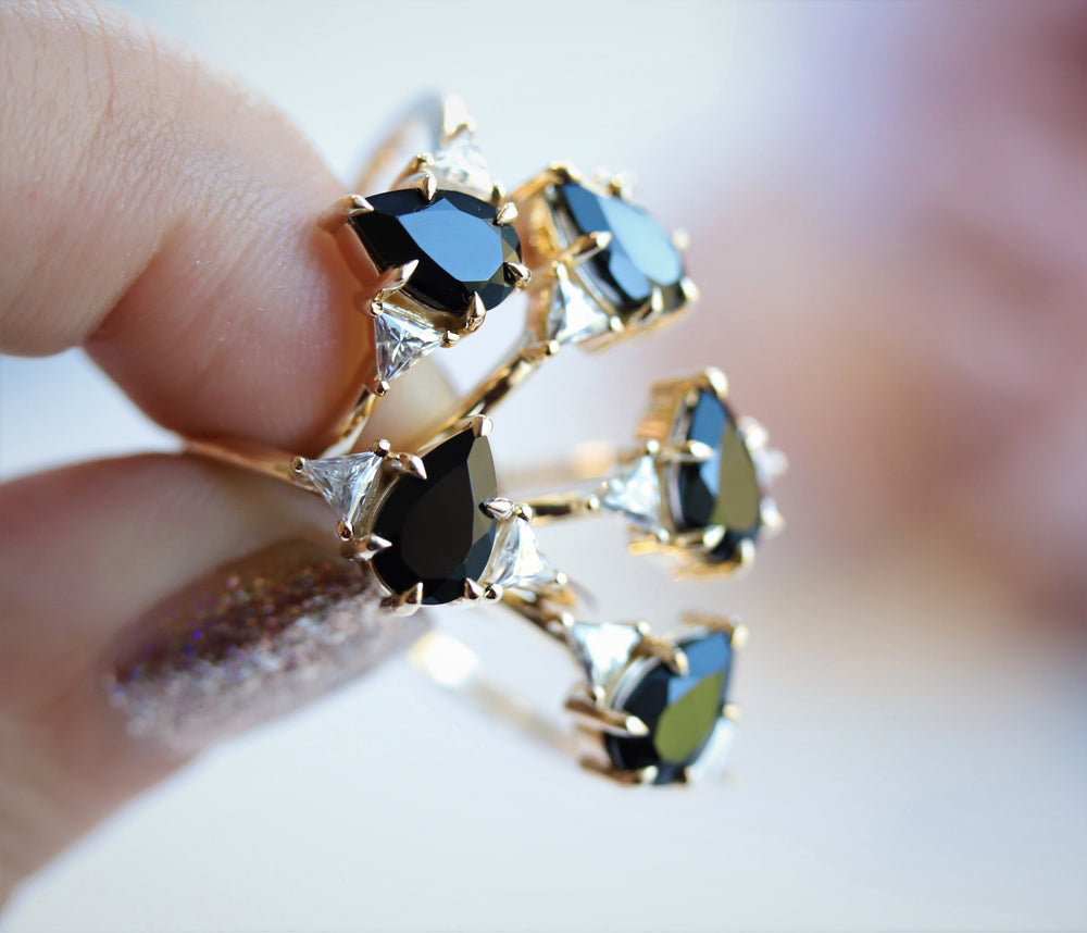 Alexis | Pear Black Onyx & Triangle Moissanite Ring - Emi Conner Jewelry 