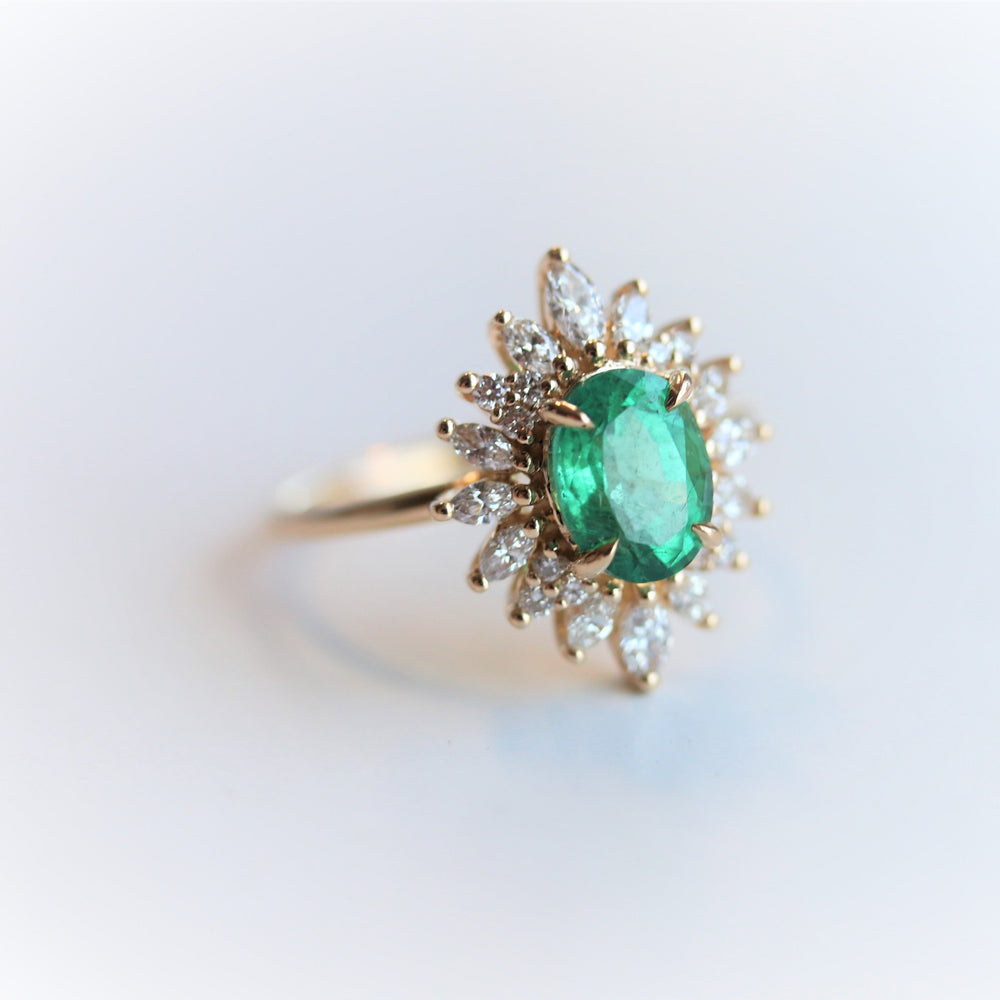 Lana | 14K Oval Emerald & Diamond Fancy Halo Luxury Ring - Emi Conner Jewelry 