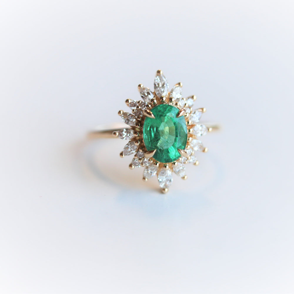 Lana | 14K Oval Emerald & Diamond Fancy Halo Luxury Ring - Emi Conner Jewelry 
