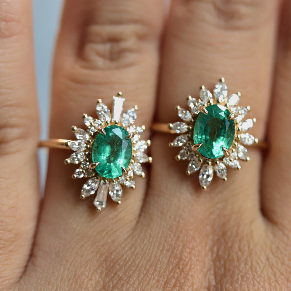 Liana | 14K 1 Carat Oval Emerald & Diamond Fancy Halo Luxury Ring - Emi Conner Jewelry 