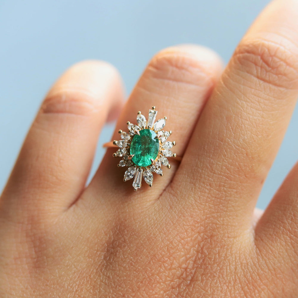 Liana | 14K 1 Carat Oval Emerald & Diamond Fancy Halo Luxury Ring - Emi Conner Jewelry 