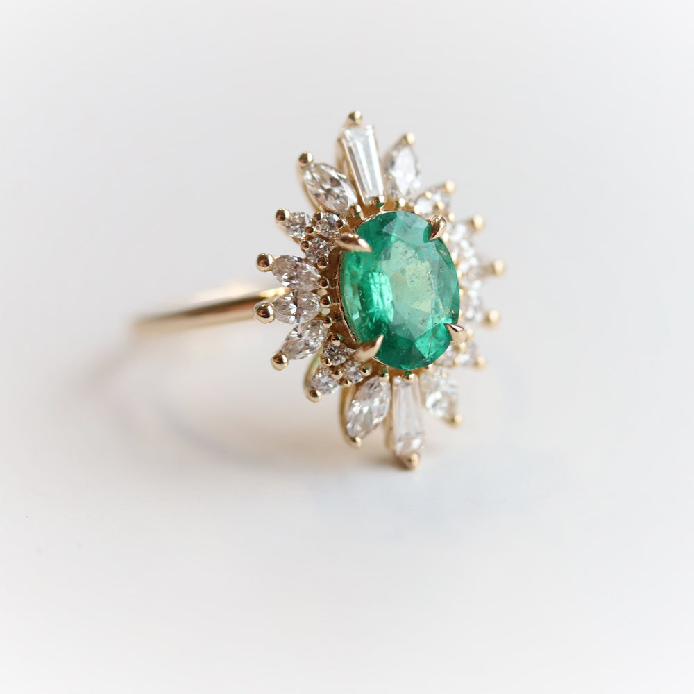 Liana | 14K 1 Carat Oval Emerald & Diamond Fancy Halo Luxury Ring - Emi Conner Jewelry 