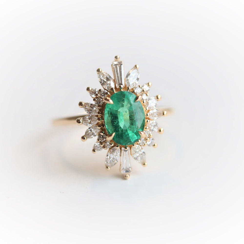 Liana | 14K 1 Carat Oval Emerald & Diamond Fancy Halo Luxury Ring - Emi Conner Jewelry 