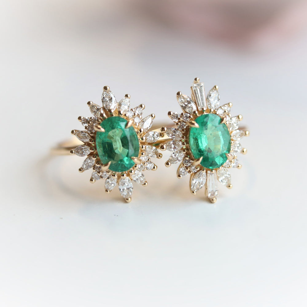 Liana | 14K 1 Carat Oval Emerald & Diamond Fancy Halo Luxury Ring - Emi Conner Jewelry 