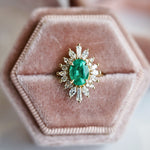 Liana | 14K 1 Carat Oval Emerald & Diamond Fancy Halo Luxury Ring - Emi Conner Jewelry 