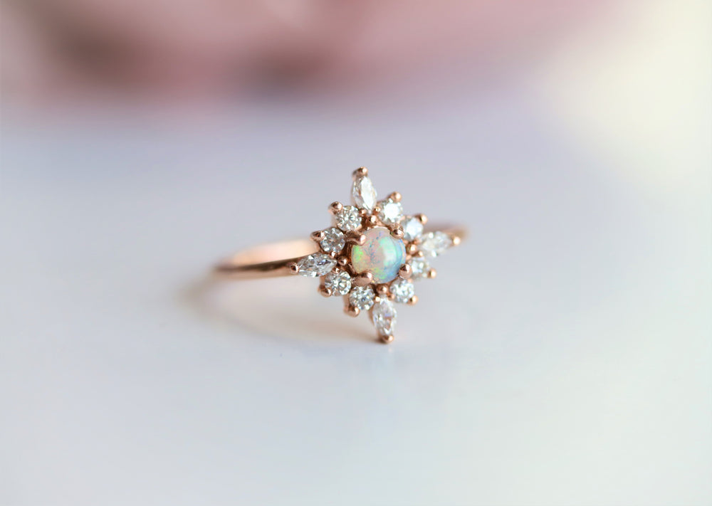 Skylar |  14K Australian Opal and Diamond Snowflake Fancy Halo Ring - Emi Conner Jewelry 