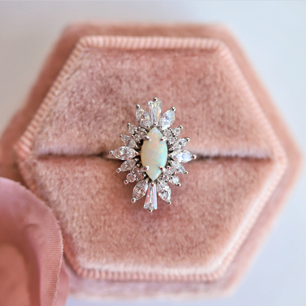 Lena | 14K Marquise Australian opal & CZ Fancy Halo Ring - Emi Conner Jewelry 