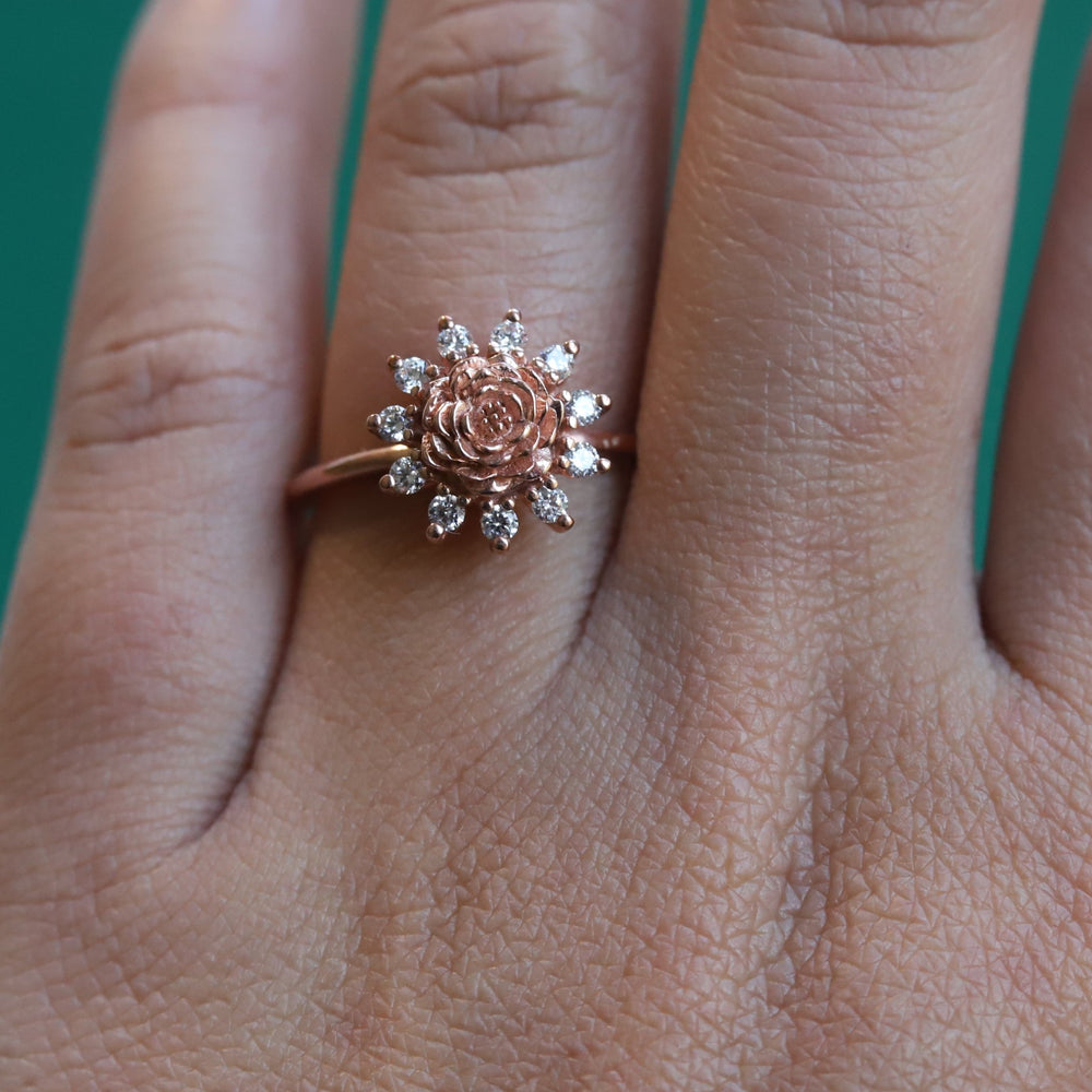 ROSE Halo Ring | Rose Ring With Diamond Halo