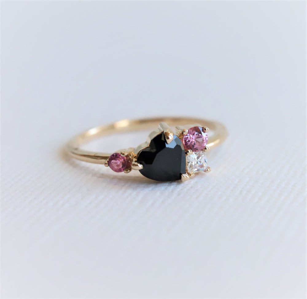 Brie | Heart Black Onyx & Pink Sapphire Cluster Ring