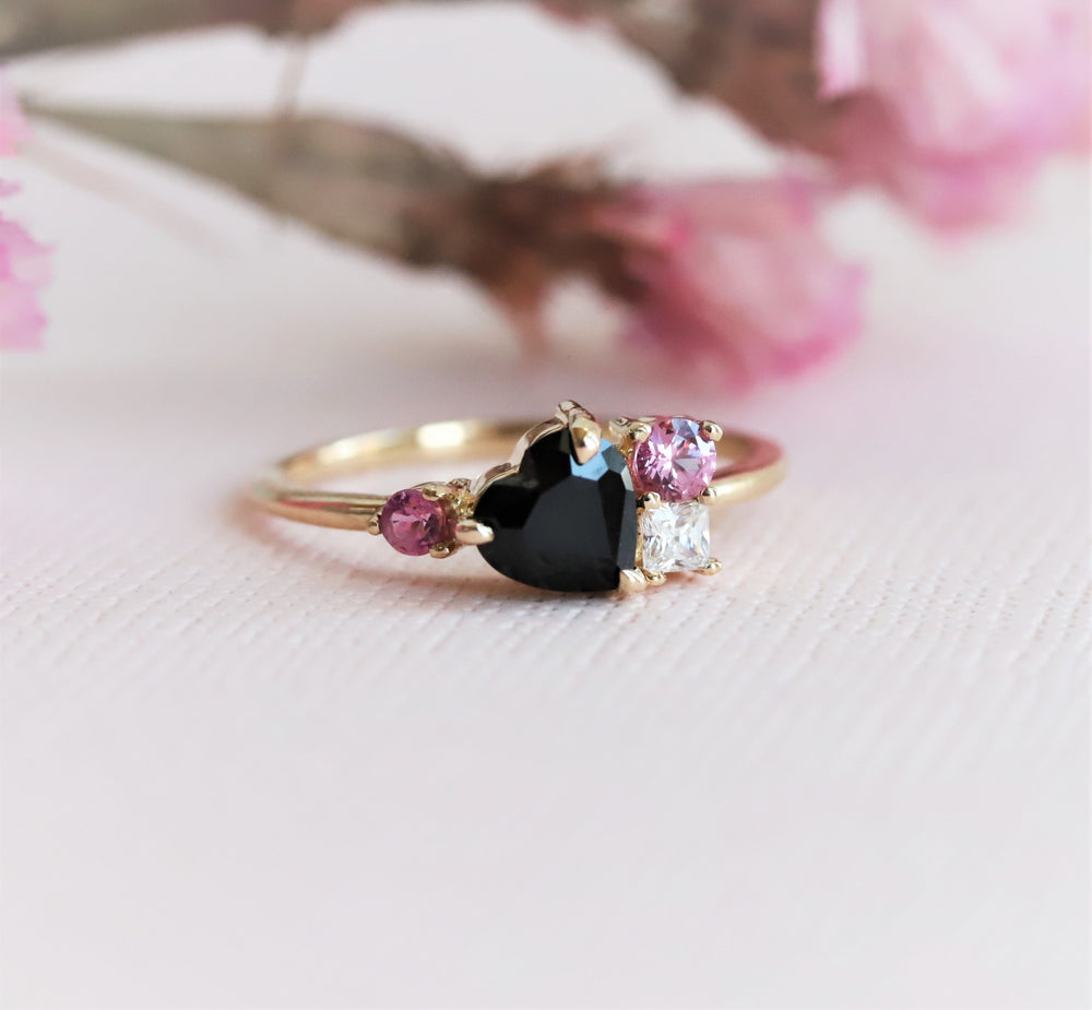 Brie | Heart Black Onyx & Pink Sapphire Cluster Ring