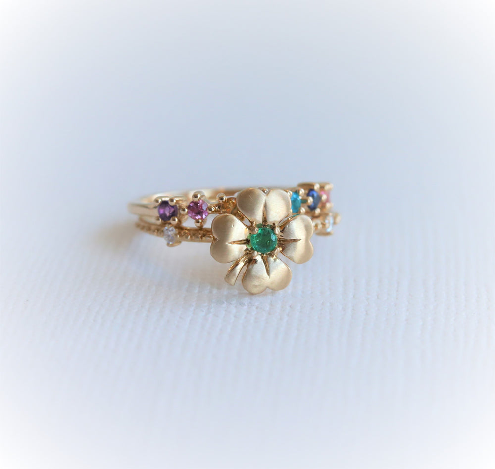 Four Leaf Clover Emerald and Diamond Stacking Ring
