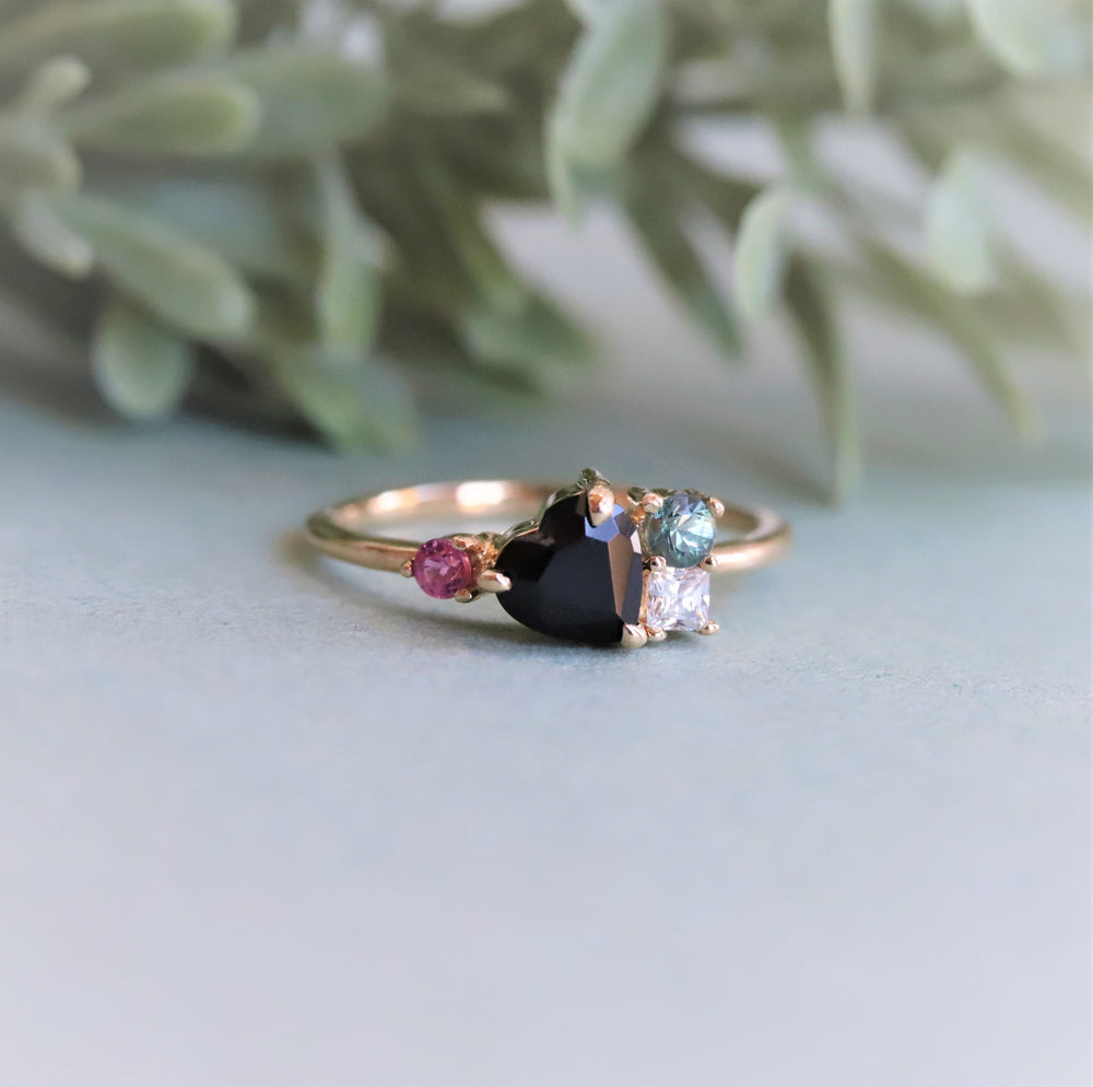 Brie | Heart Black Onyx & Green Sapphire Cluster Ring