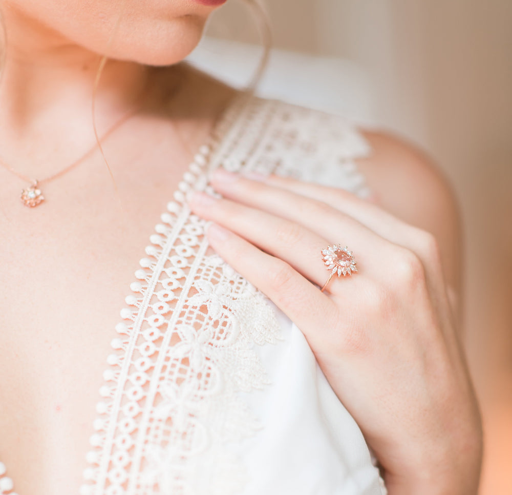 Lana | 14K Oval Morganite & CZ Fancy Halo Ring - Emi Conner Jewelry 
