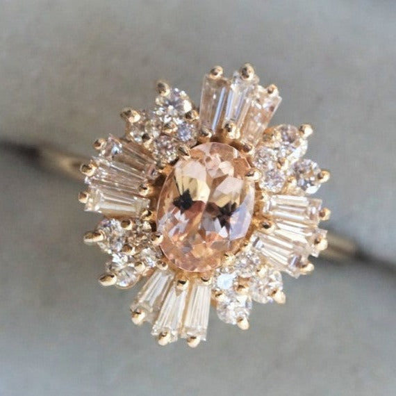 Victoria | 14K Morganite & Diamond Fancy Halo Luxury Ring - Emi Conner Jewelry 