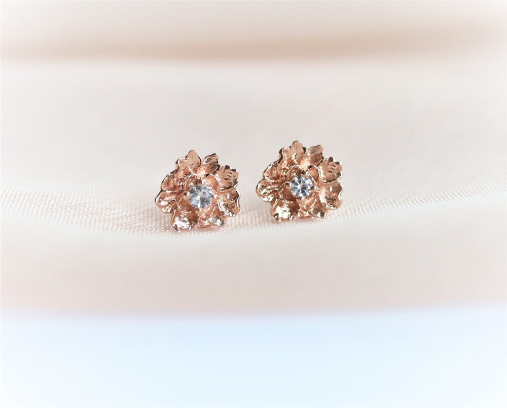 PEONY NO.2 | 14K PEONY with White Sapphire Stud Earrings - Emi Conner Jewelry 