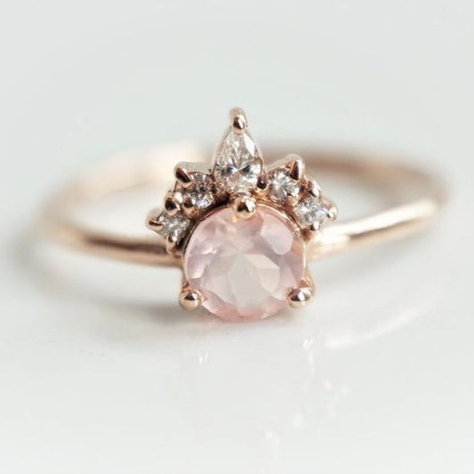 Olivia | 14K Rose Quartz & Diamond Crown Cluster Ring - Emi Conner Jewelry 