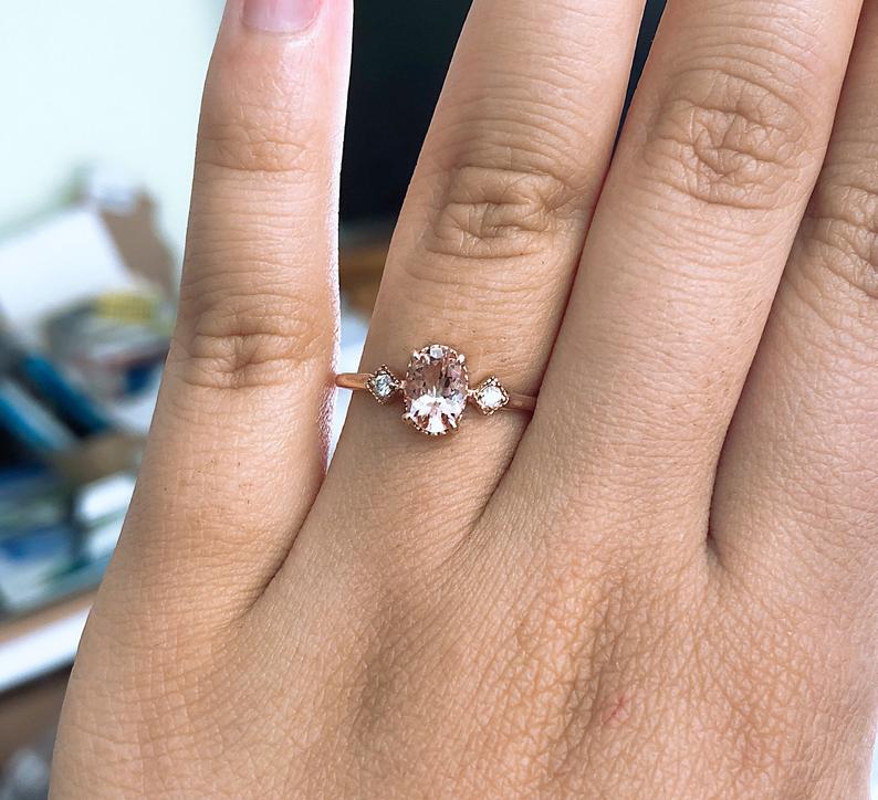 Cara No.1 | Oval Peach Morganite and Diamond Triple Station Ring - Emi Conner Jewelry 